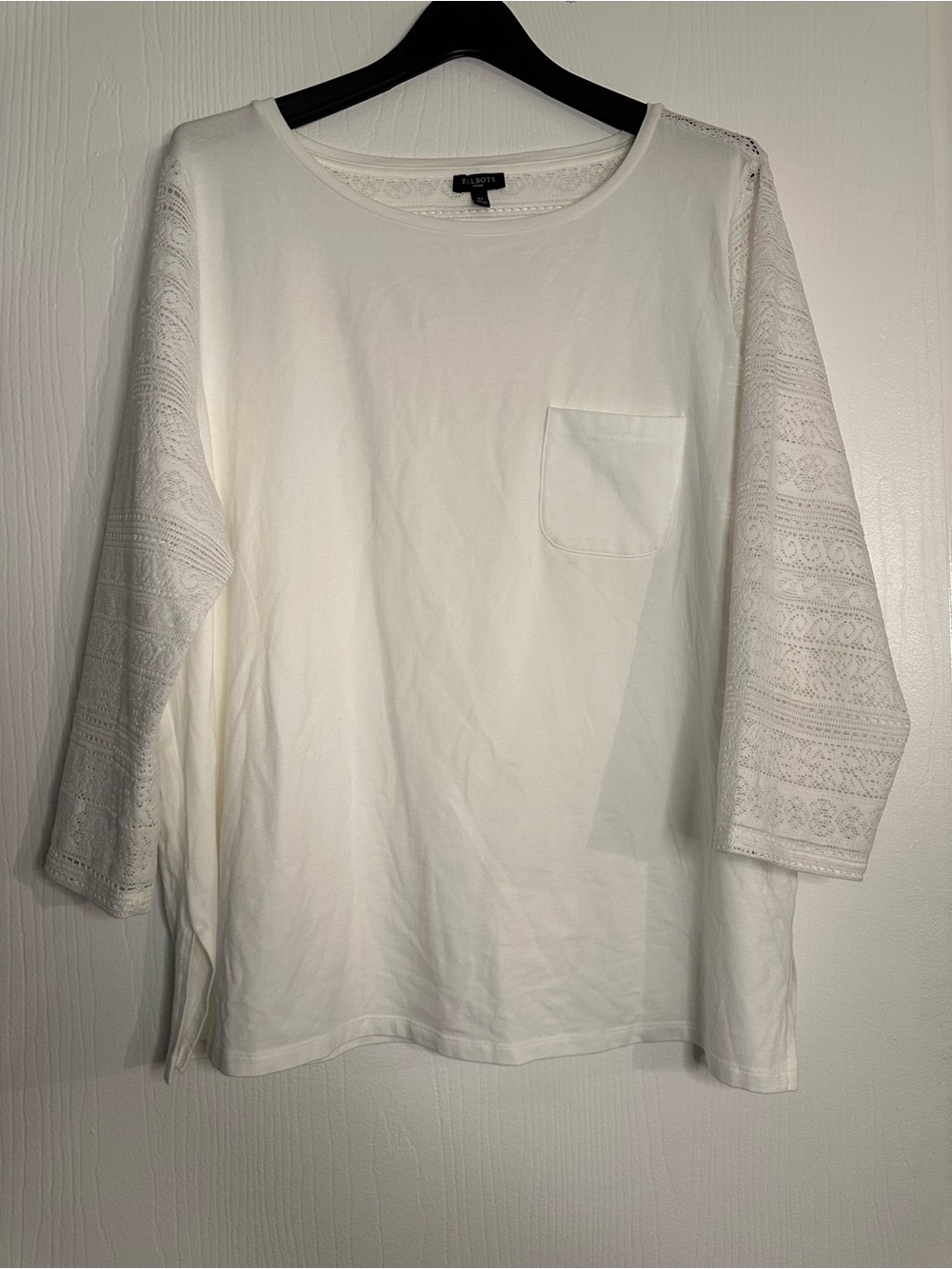 Talbots Women’s 2X White Lace-Sleeve Pocket Long-Sleeve Tee